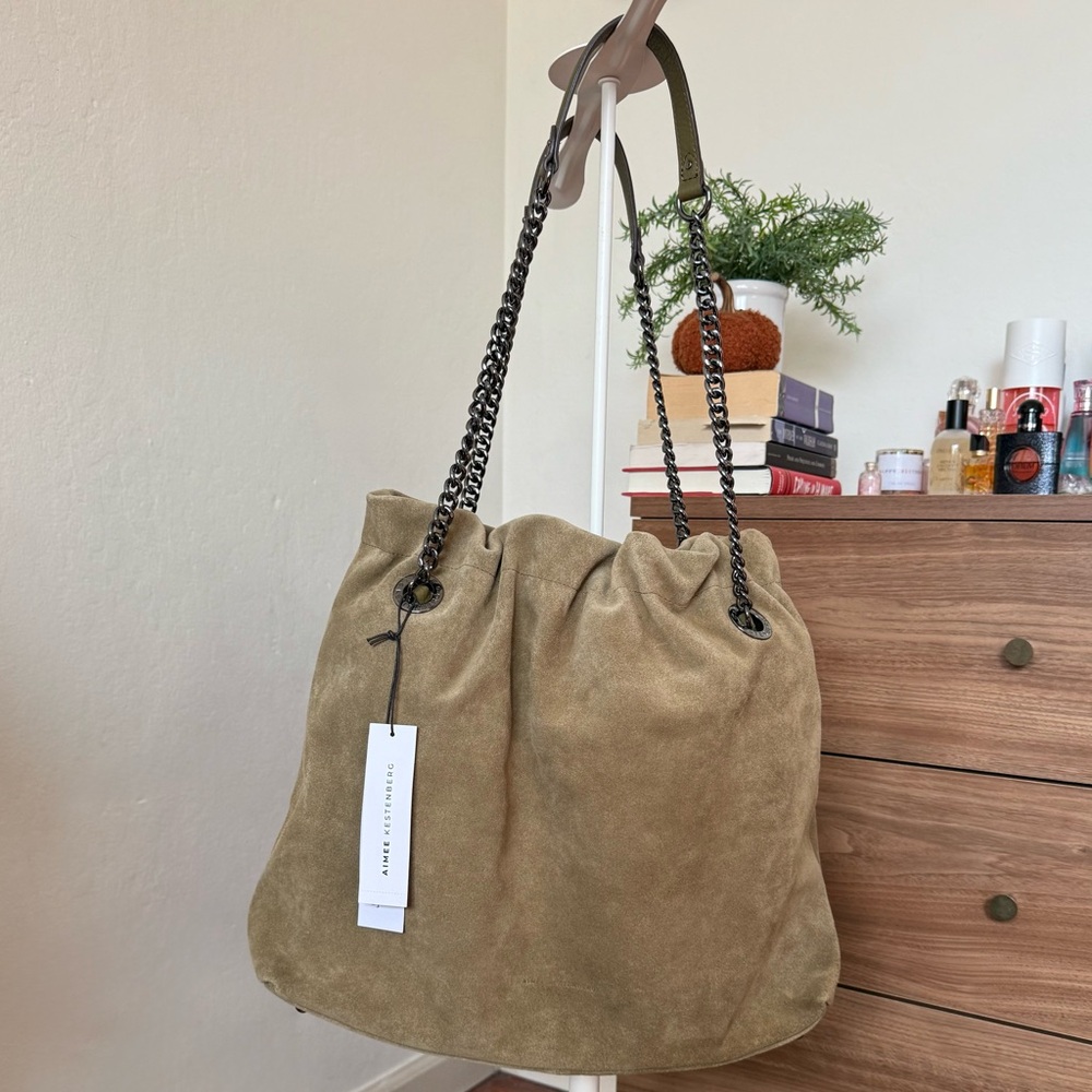 NWT Aimee Kestenberg Olive Green Suede Leather Tribeca Chain Tote Bag - Picture 4 of 16